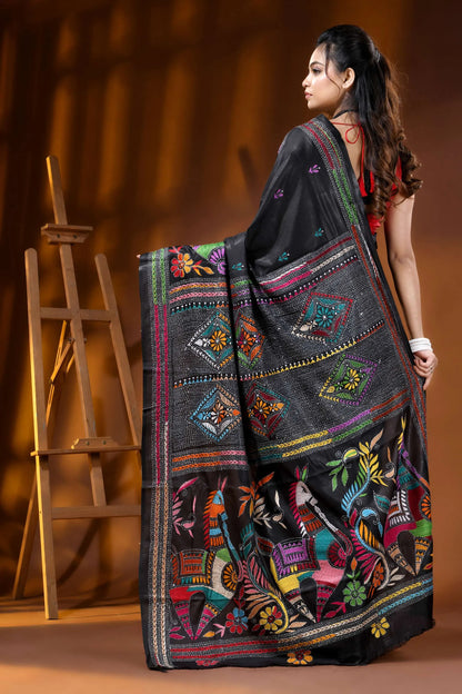 Onyx black multi-thread majestic horsel motif silk kantha saree 4