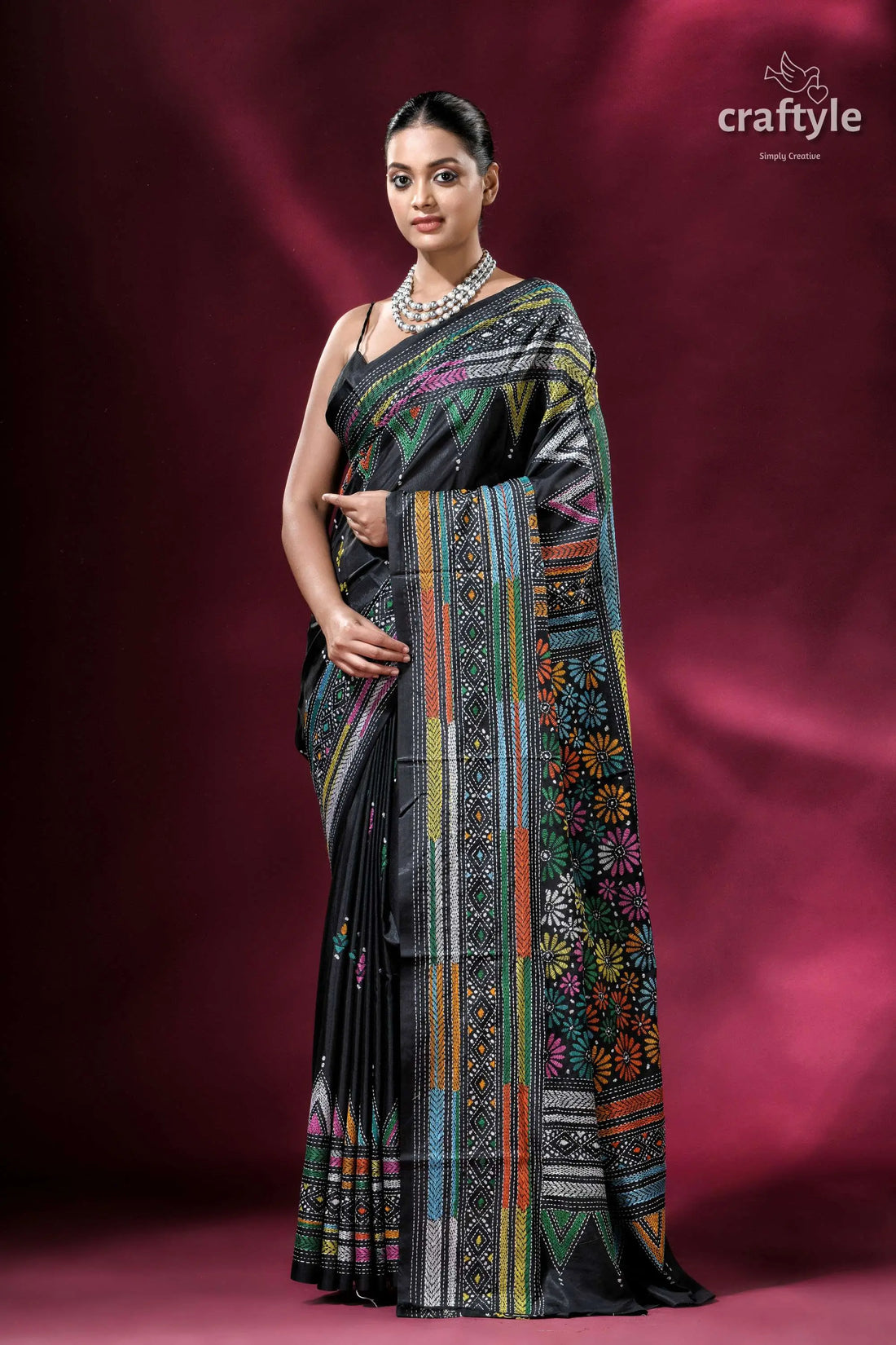 Onyx black multicolor kantha embroidered silk saree elegant black saree colorful embroidery 1