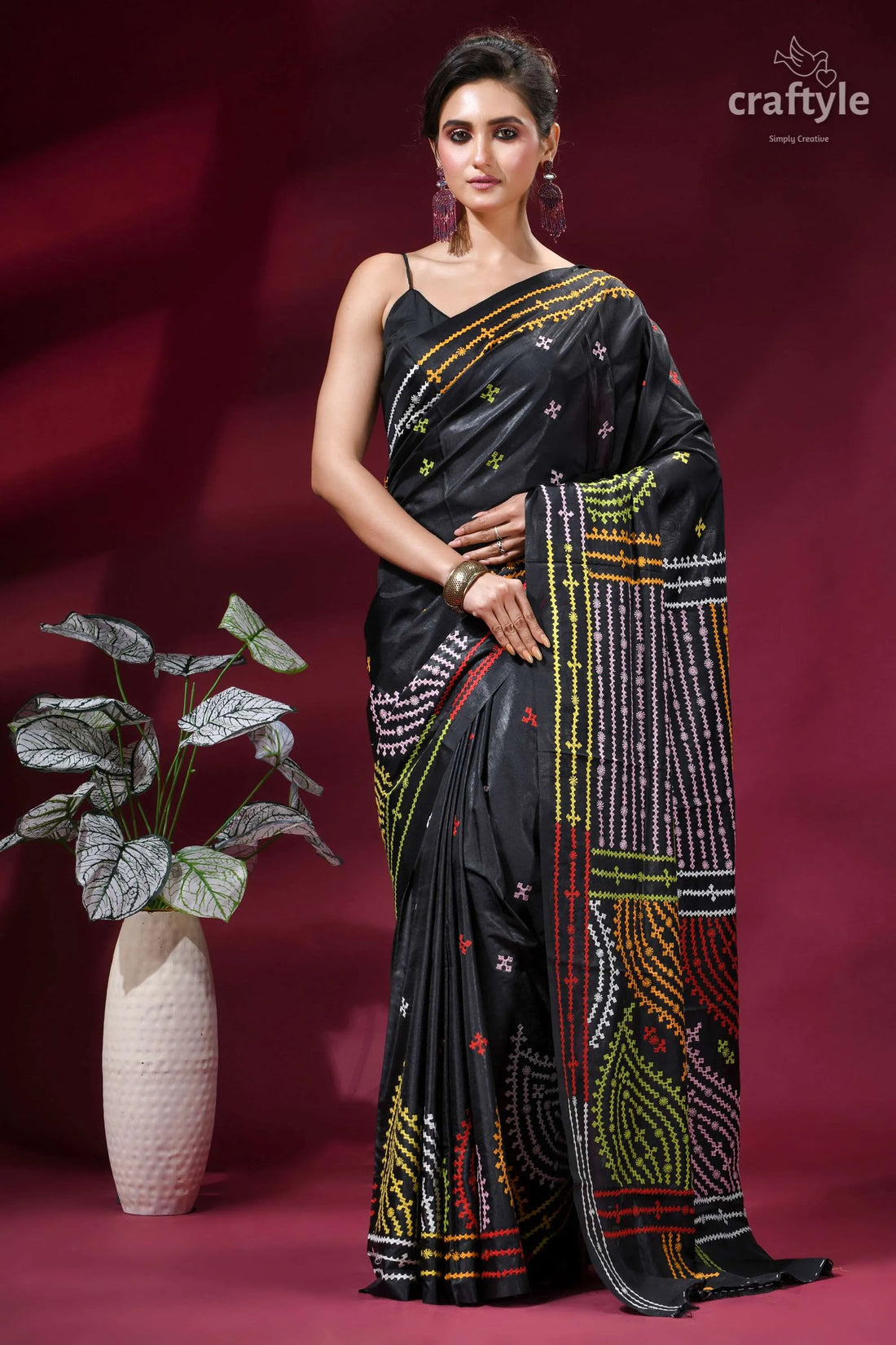Onyx black multicolor thread hand gujrati stitch silk saree - mirror work black saree intricate multicolored embroidery