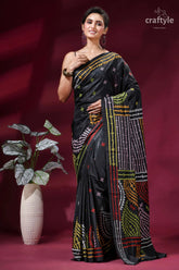 Onyx black multicolor thread hand gujrati stitch silk saree - mirror work black silk saree intricate multicolored 6