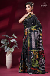Onyx black multicolor thread hand gujrati stitch silk saree - mirror work black silk saree adorned intricate 3