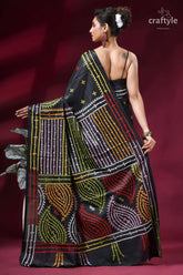 Onyx black multicolor thread hand gujrati stitch silk saree - mirror work black silk saree intricate multicolored 4