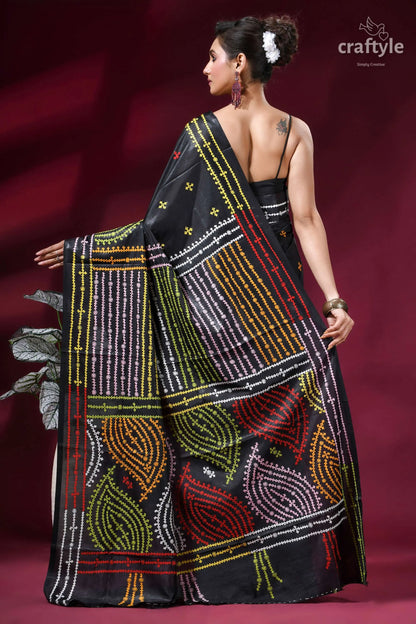 Onyx black multicolor thread hand gujrati stitch silk saree - mirror work black silk saree intricate multicolored 4