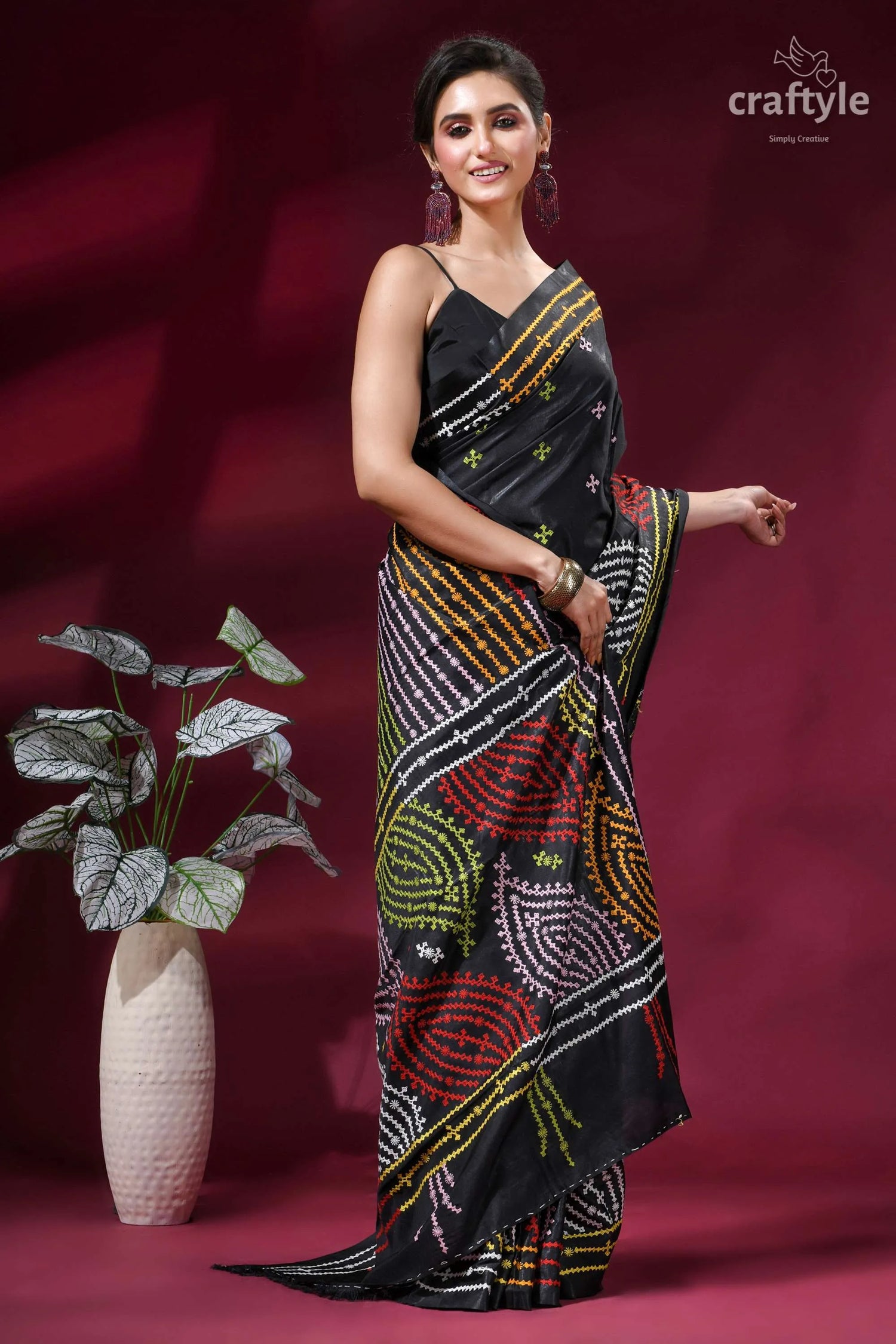 Onyx black multicolor thread hand gujrati stitch silk saree - mirror work black saree vibrant intricate geometric 5