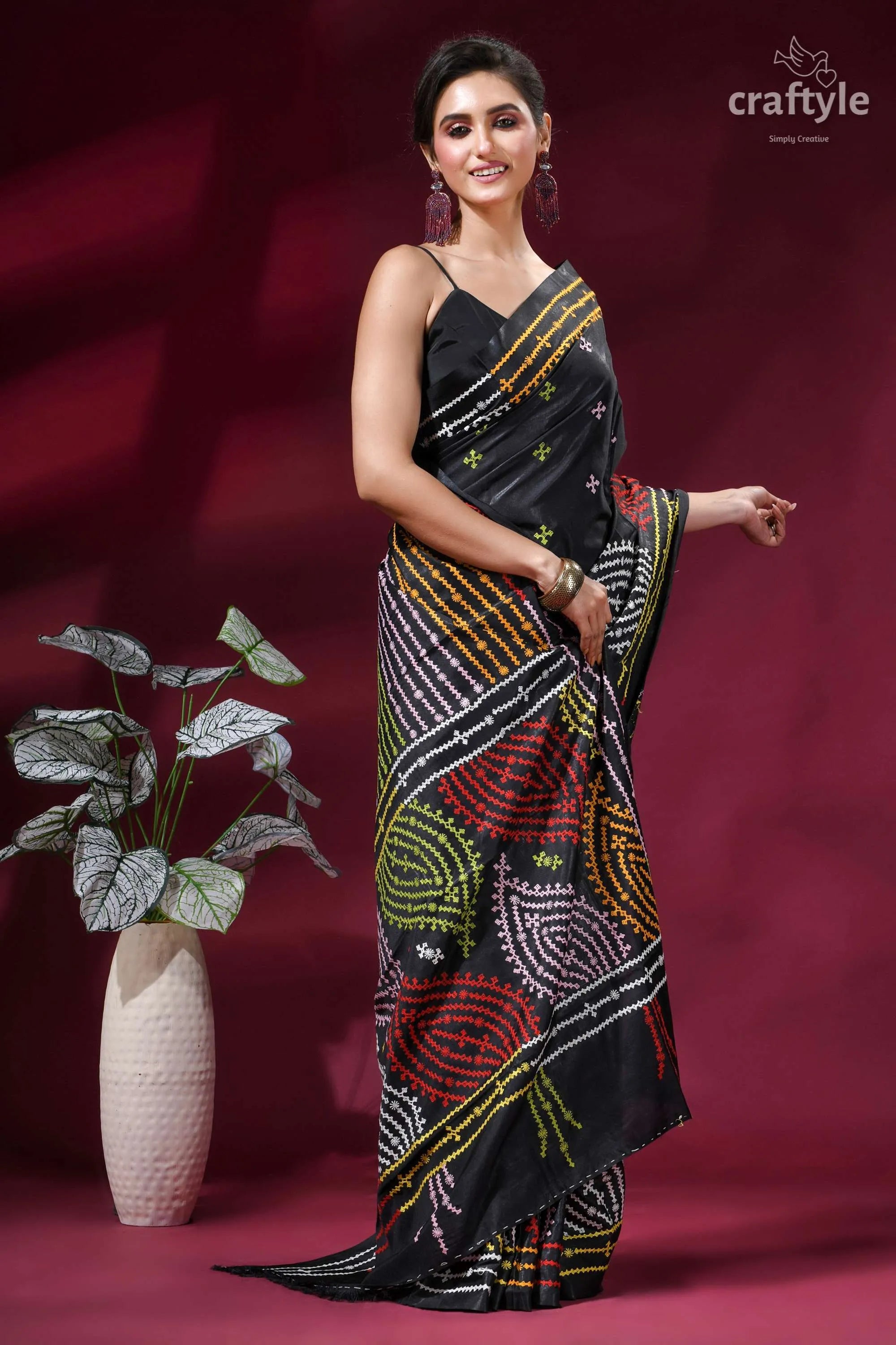 Onyx black multicolor thread hand gujrati stitch silk saree - mirror work black saree vibrant intricate geometric 5