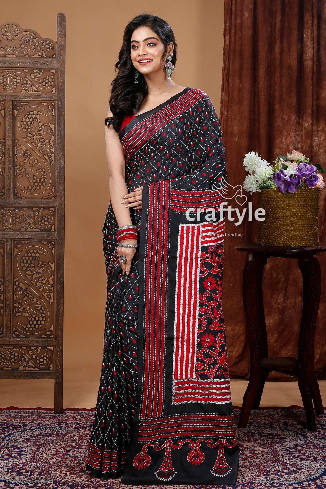 Onyx Black Red Silk Saree with Kantha Embroidery Work-Craftyle