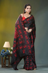 Onyx black red thread floral motif silk kantha work saree black silk saree vibrant red 4