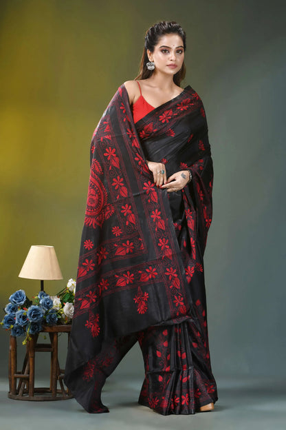 Onyx black red thread floral motif silk kantha work saree black silk saree vibrant red 4