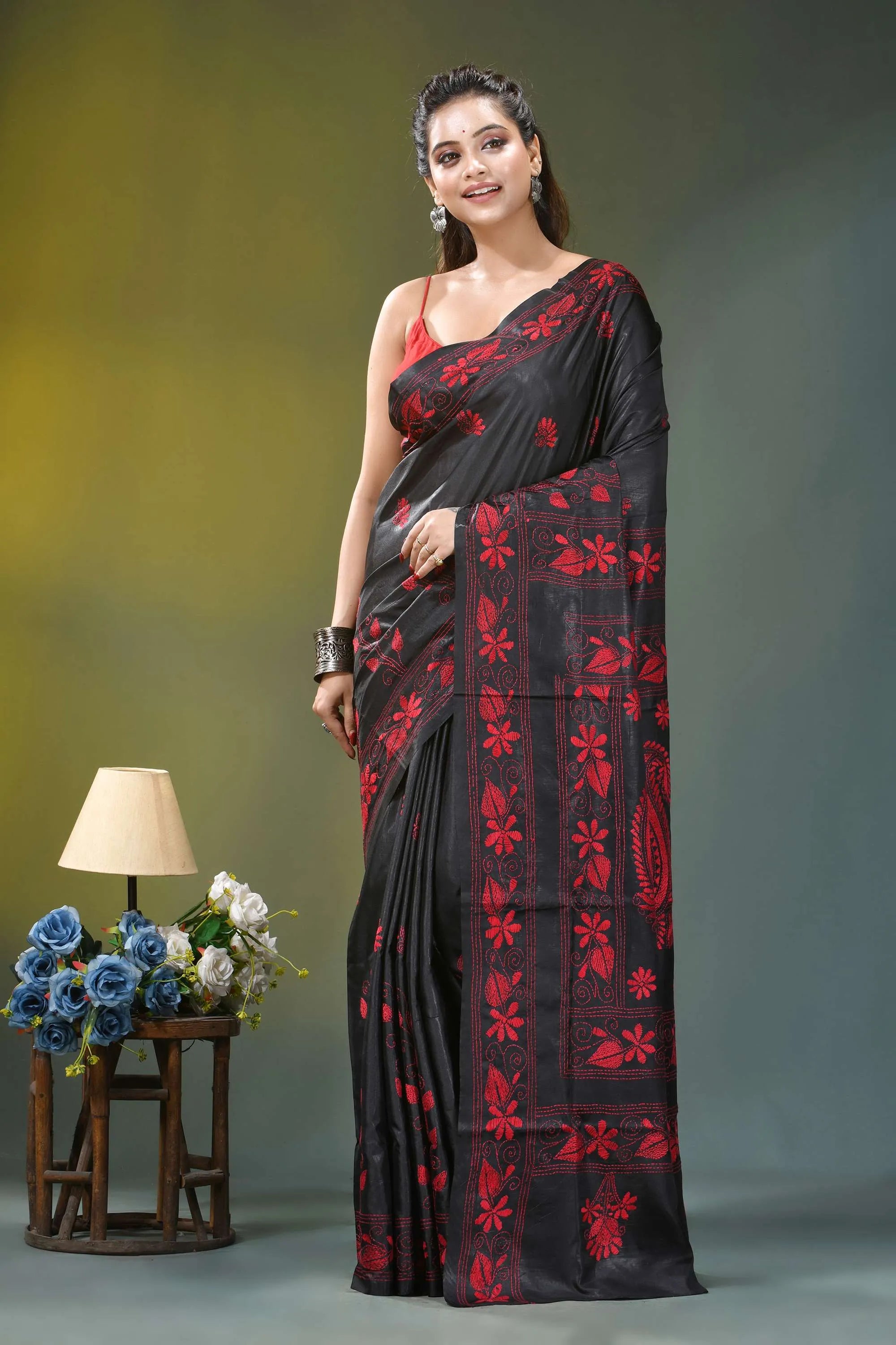 Onyx black red thread floral motif silk kantha work saree black silk saree intricate red 6
