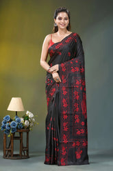 Onyx black red thread floral motif silk kantha work saree black silk saree vibrant red 1