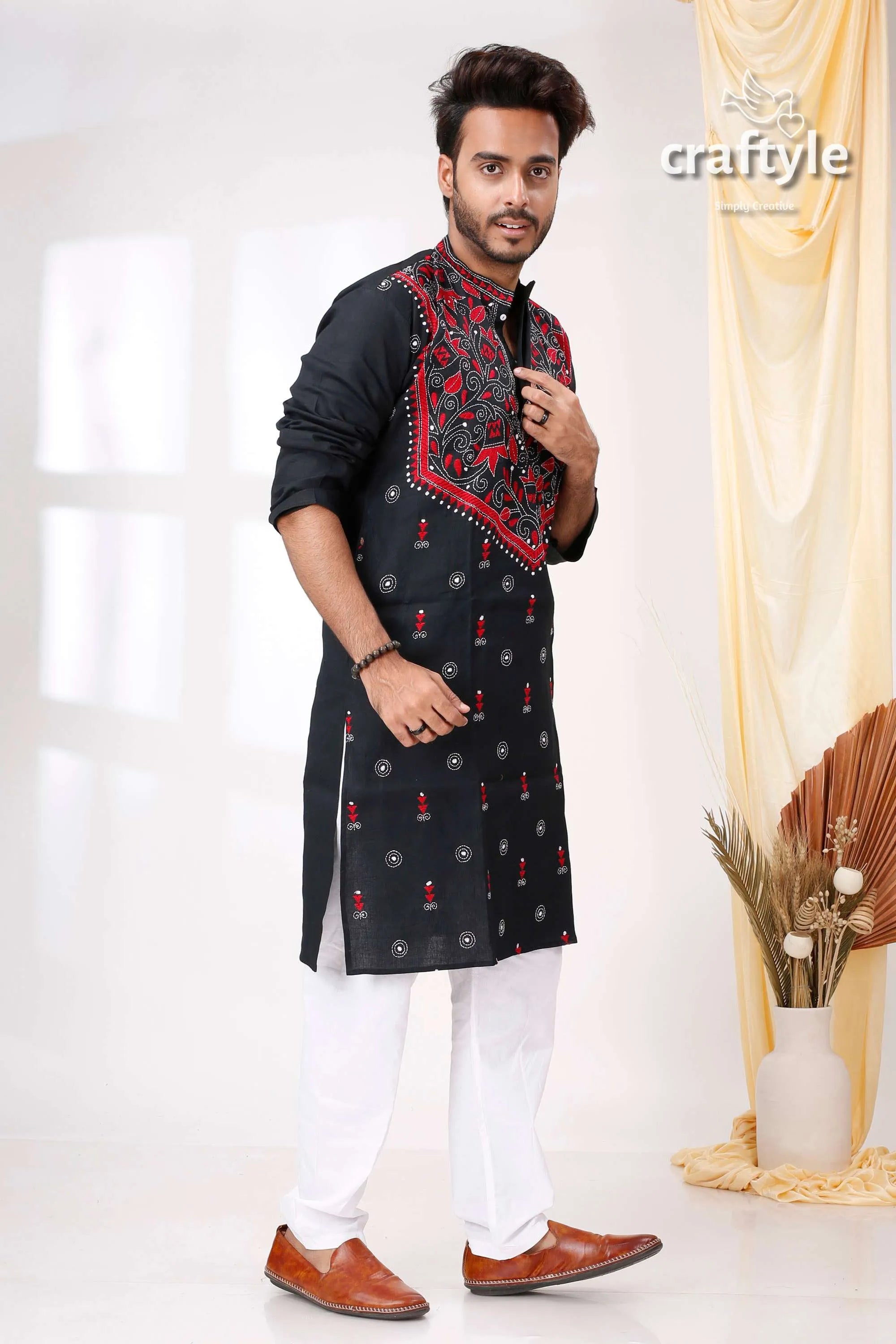 Onyx black red thread work kantha embroidered cotton mens kurta white pants 1
