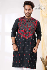 Onyx black red thread work kantha embroidered cotton mens kurta embroidery 2