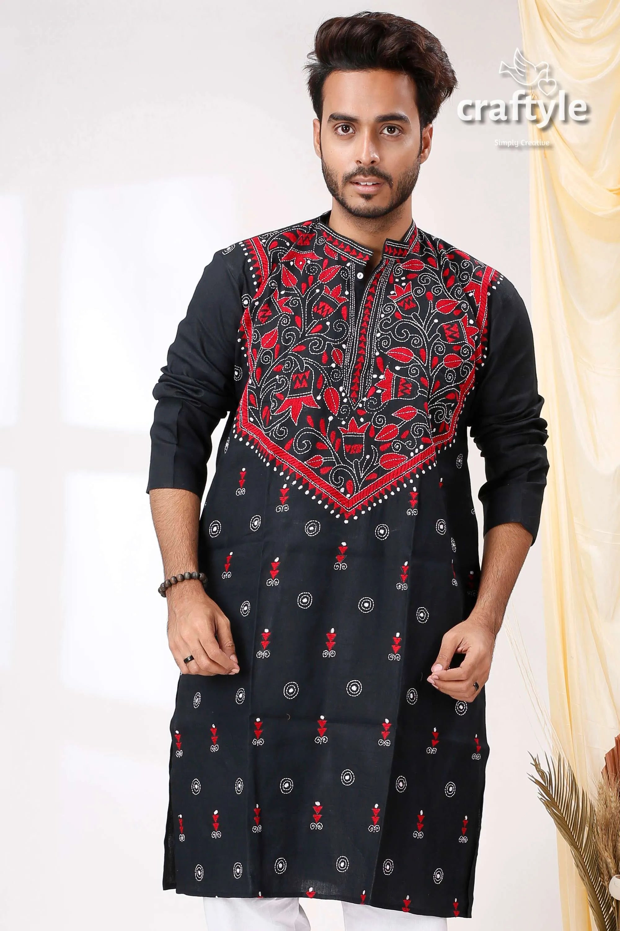 Onyx black red thread work kantha embroidered cotton mens kurta embroidery 2