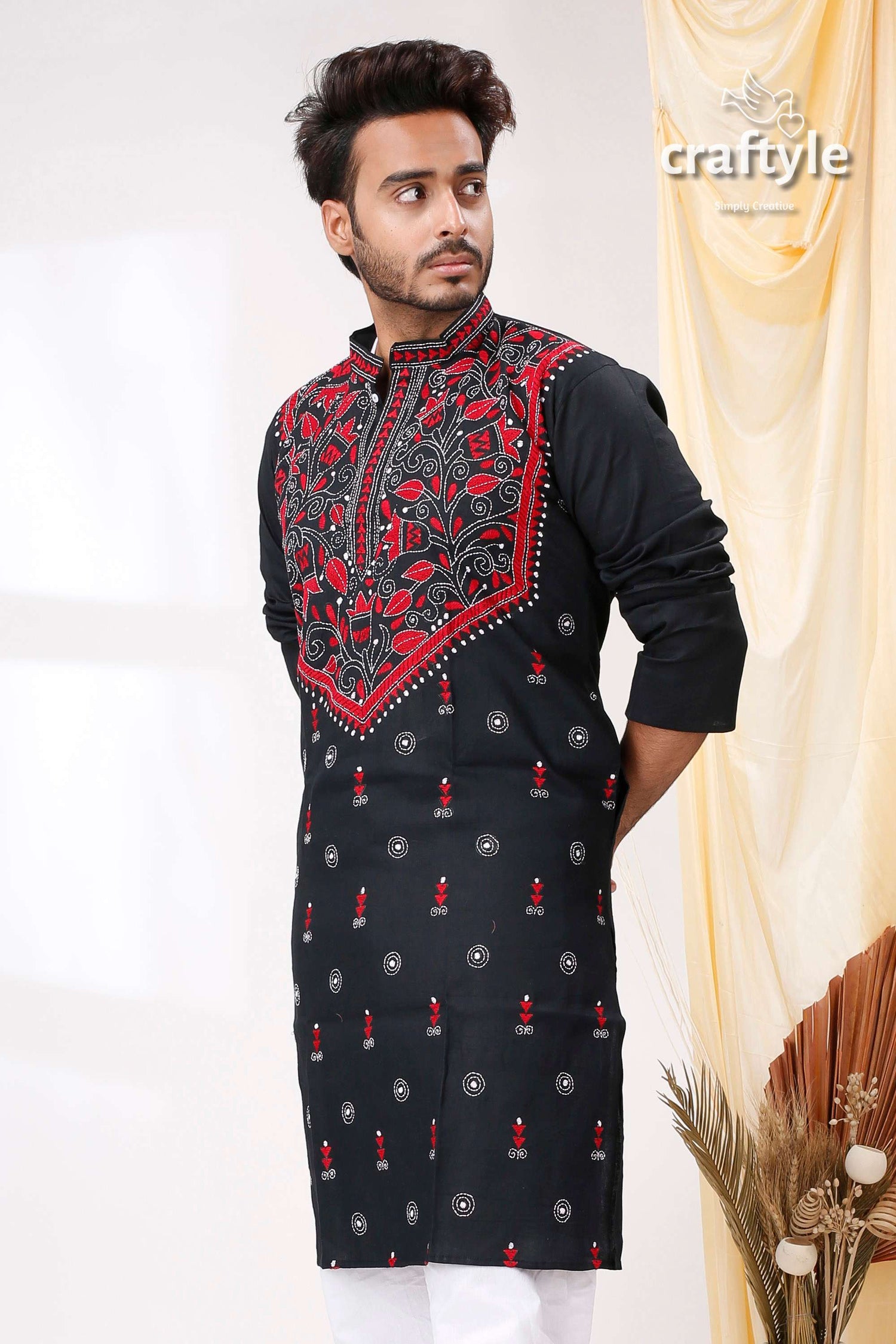 Onyx Black Red Thread Work Kantha Embroidered Cotton Mens Kurta - Craftyle