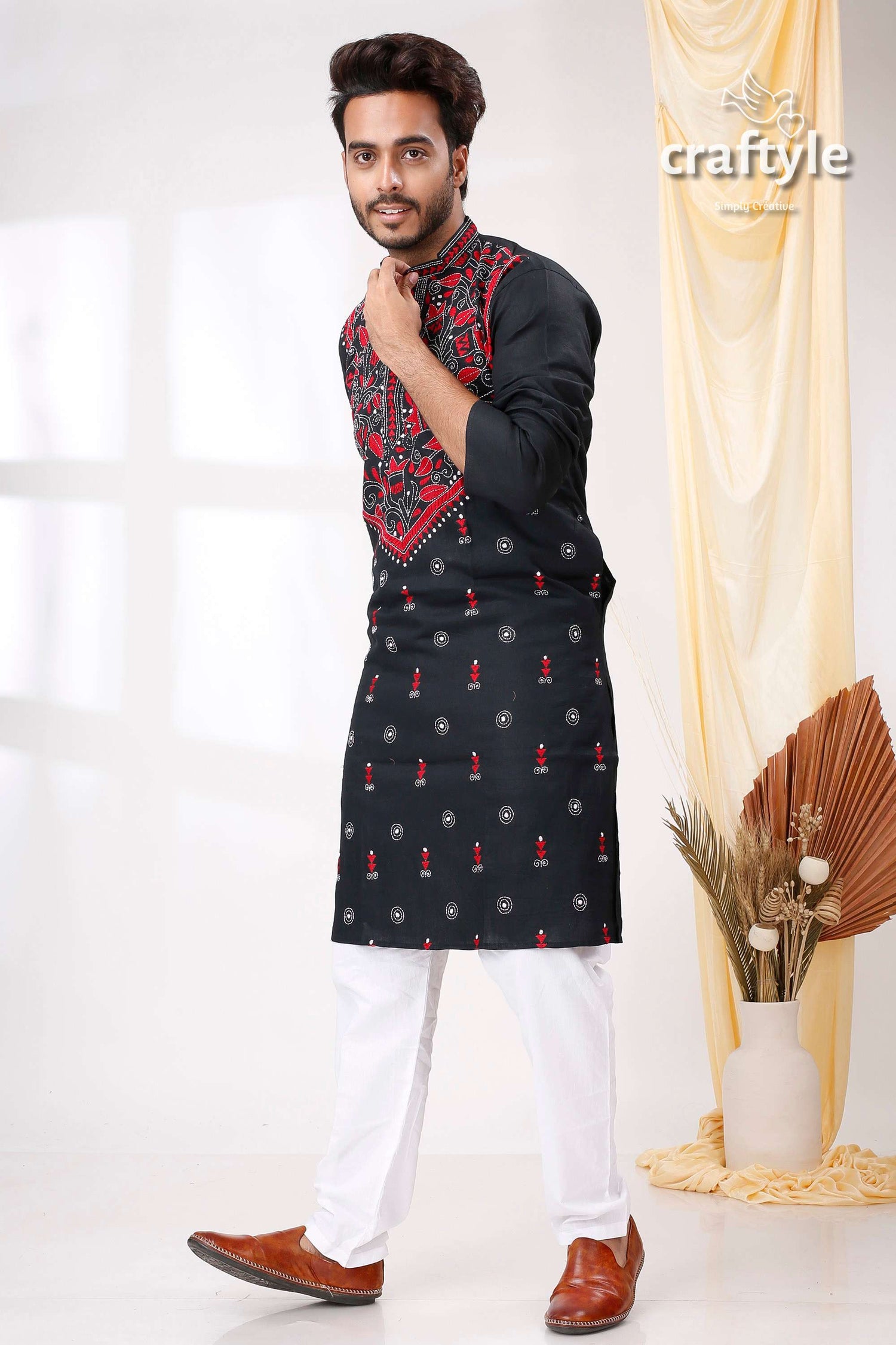 Onyx Black Red Thread Work Kantha Embroidered Cotton Mens Kurta - Craftyle