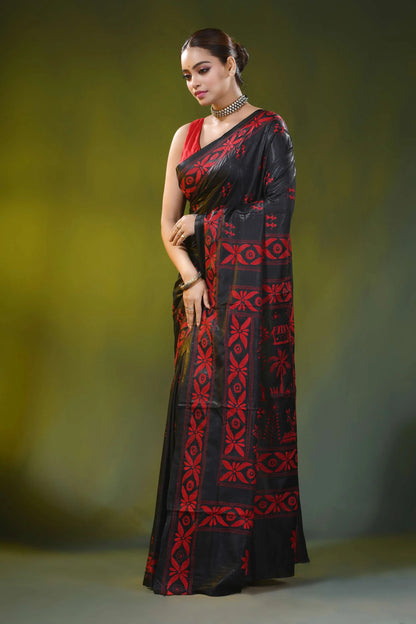 Onyx black silk kantha saree with handcrafted red village design 3