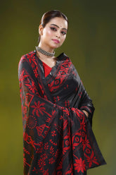 Onyx black silk kantha saree with handcrafted red village design 2
