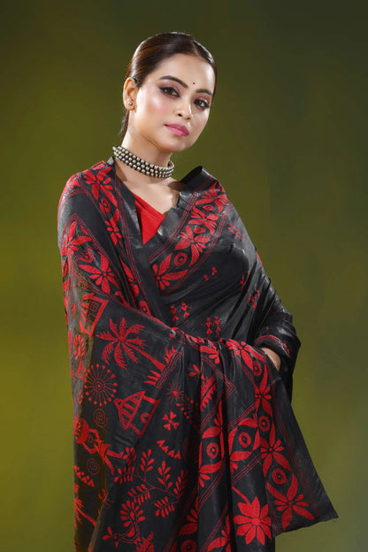 Onyx black silk kantha saree with handcrafted red village design 2