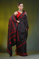 Onyx black silk kantha saree with handcrafted red village design 4