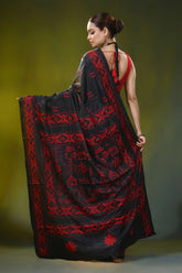 Onyx black silk kantha saree with handcrafted red village design 5