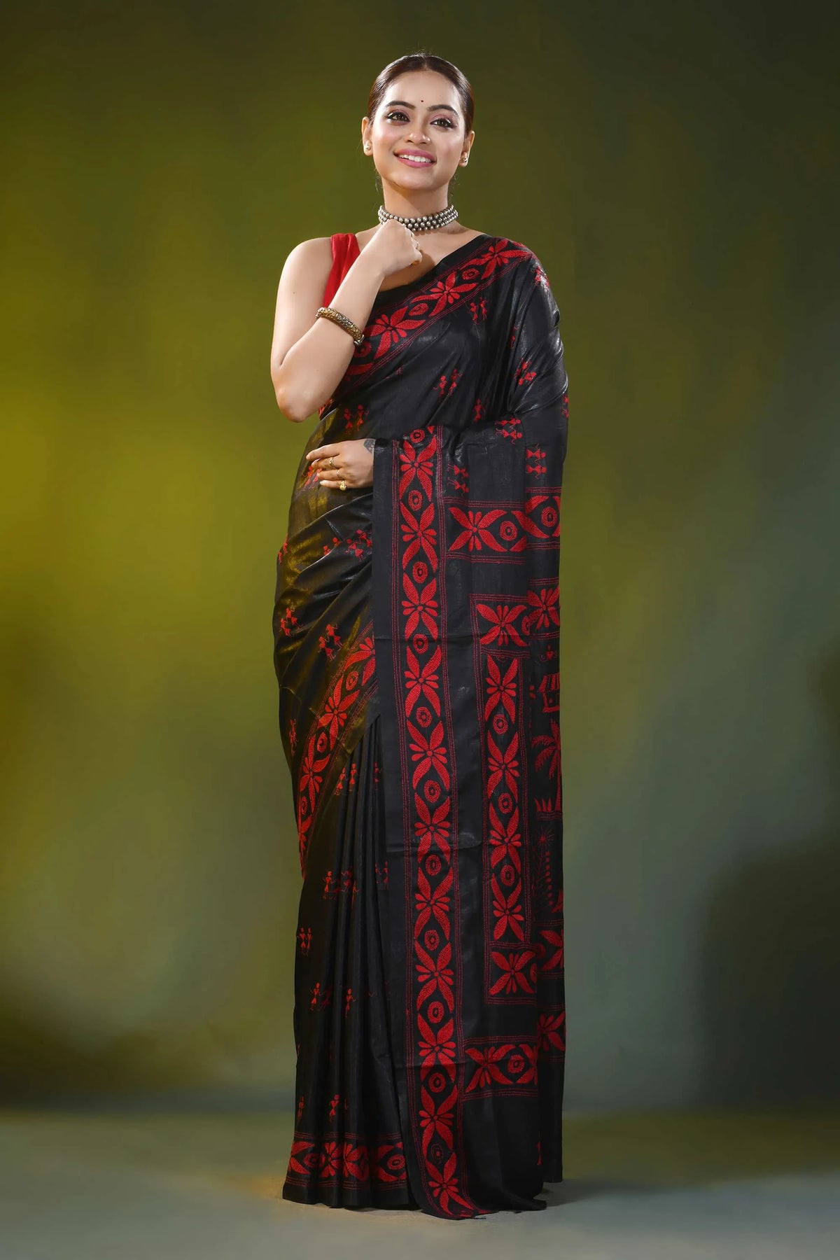 Onyx black silk kantha saree with handcrafted red village design 6