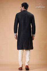 Onyx black silk kurta for men with madhubani art - designer ethnic wear black kurta pajama set 4