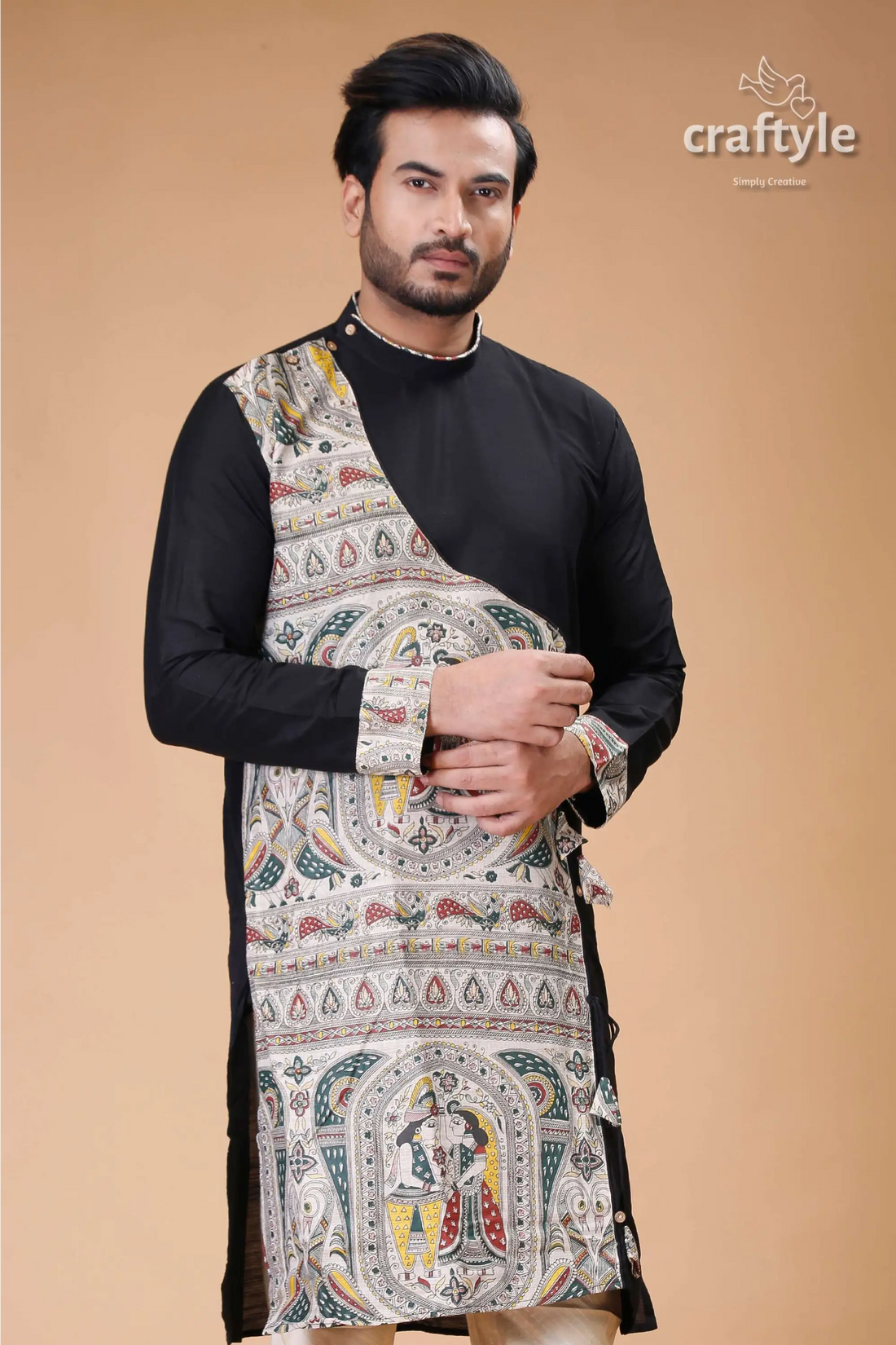 Onyx black silk kurta for men with madhubani art - designer ethnic wear black kurta painted panel 2