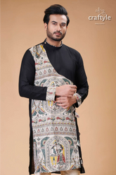 Onyx black silk kurta for men with madhubani art - designer ethnic wear black kurta painted panel 2
