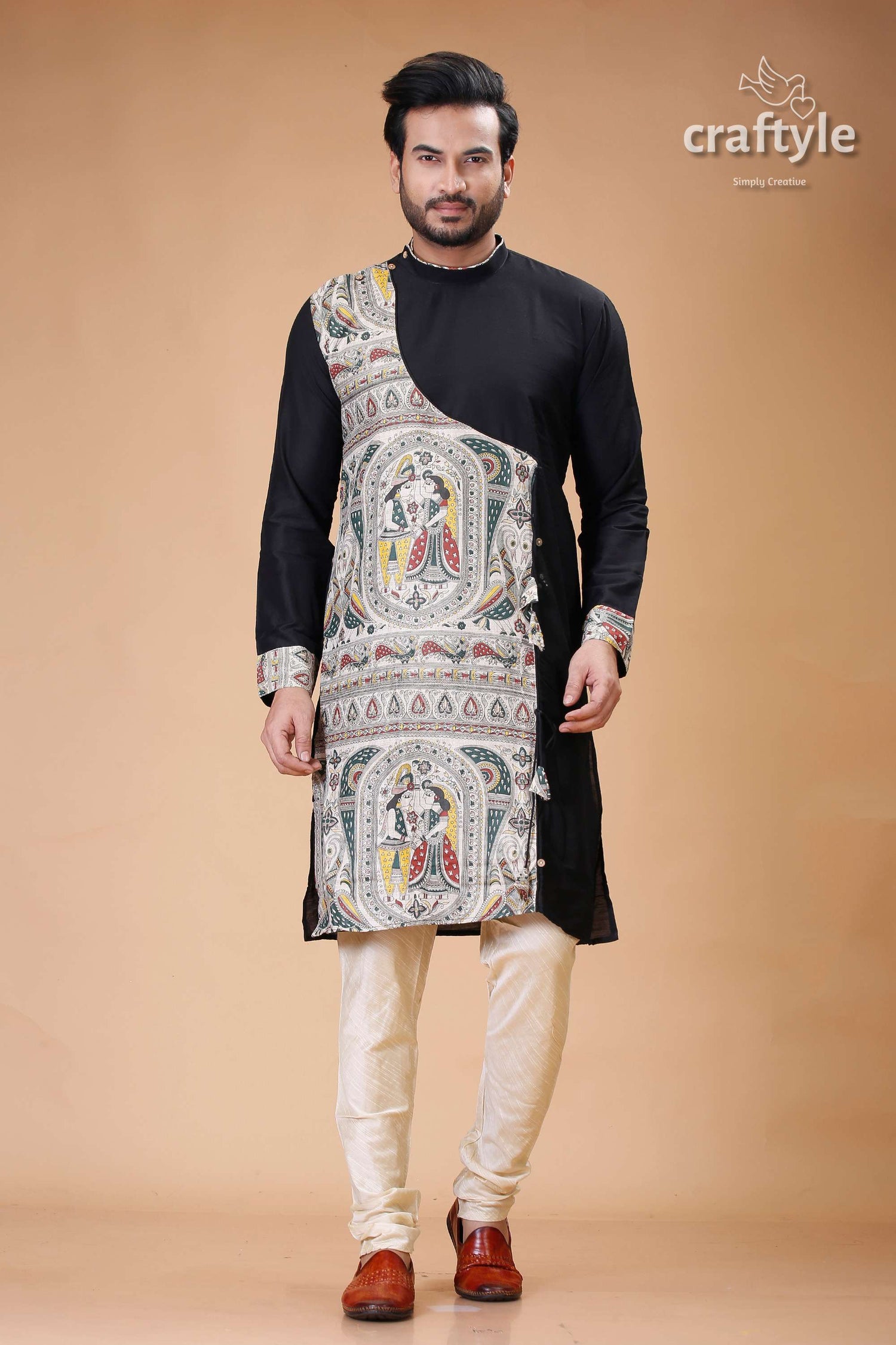 Onyx Black Silk Kurta for Men with Madhubani Art - Designer Ethnic Wear - Craftyle