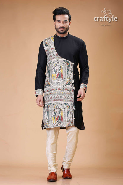 Onyx Black Silk Kurta for Men with Madhubani Art - Designer Ethnic Wear - Craftyle