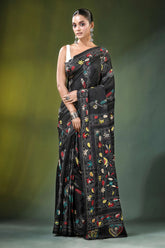 Onyx black swan design kantha embroidery silk saree adorned vibrant 1