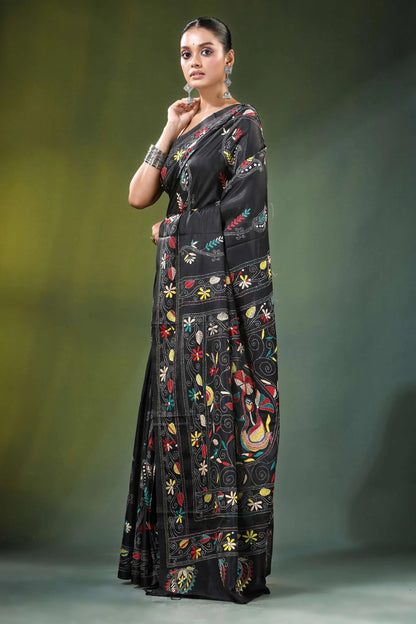 Onyx black swan design kantha embroidery silk saree intricate multicolored floral 3