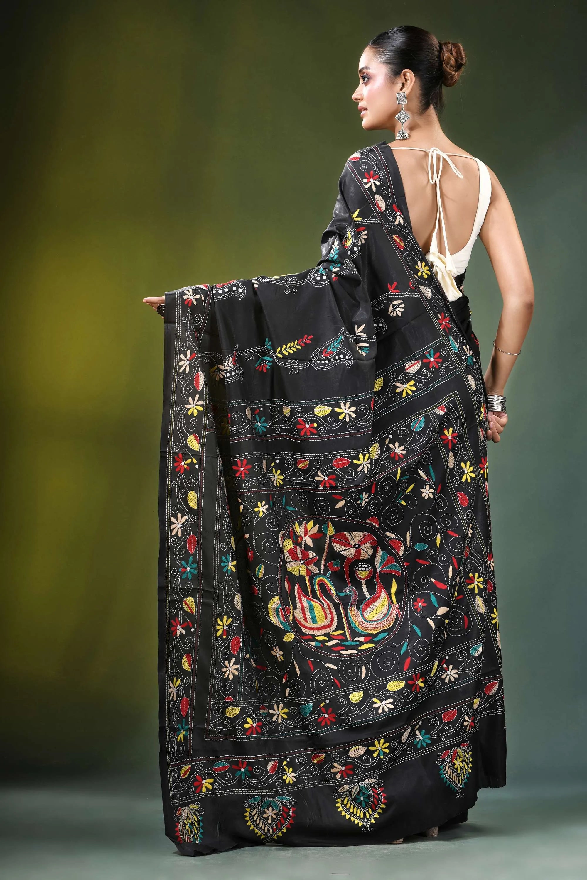 Onyx black swan design kantha embroidery silk saree embroidered vibrant floral 5