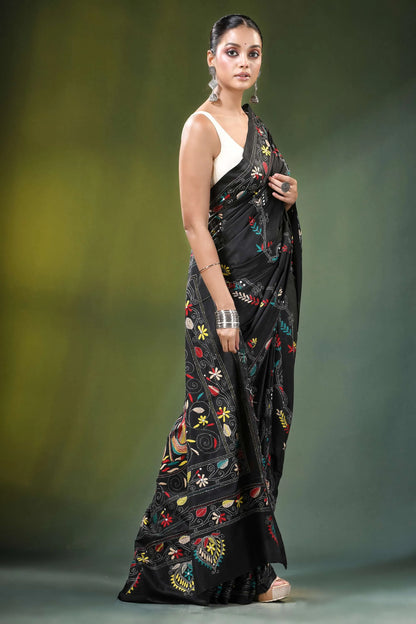 Onyx black swan design kantha embroidery silk saree vibrant multicolored 4