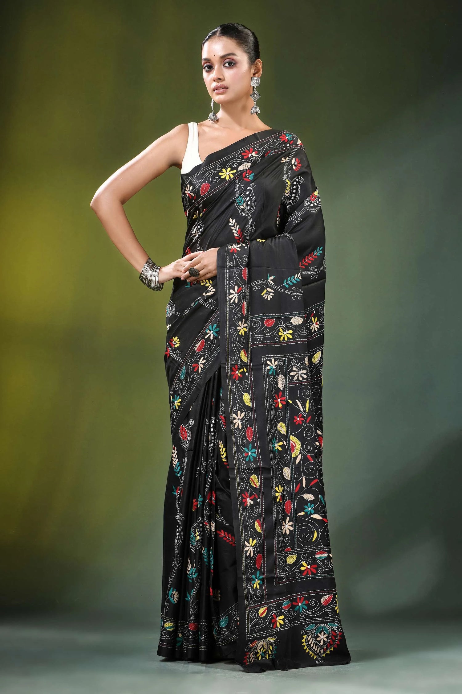 Onyx black swan design kantha embroidery silk saree sari intricate multicolored floral 6