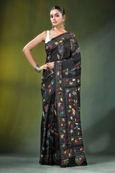 Onyx black swan design kantha embroidery silk saree sari intricate multicolored floral 6