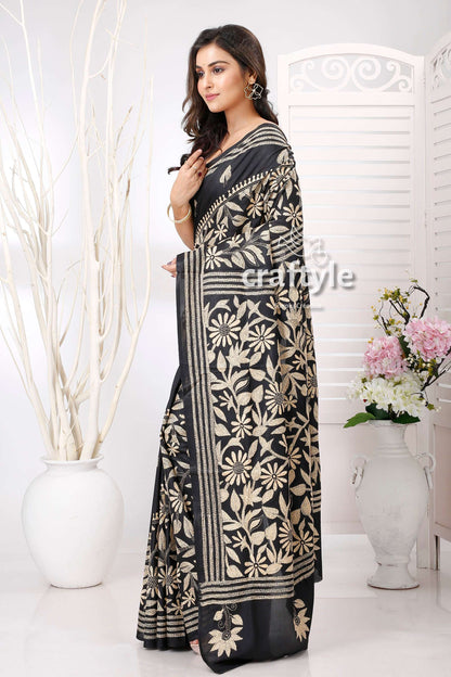 Onyx Black with Beige Thread Work Silk Kantha Saree - Craftyle