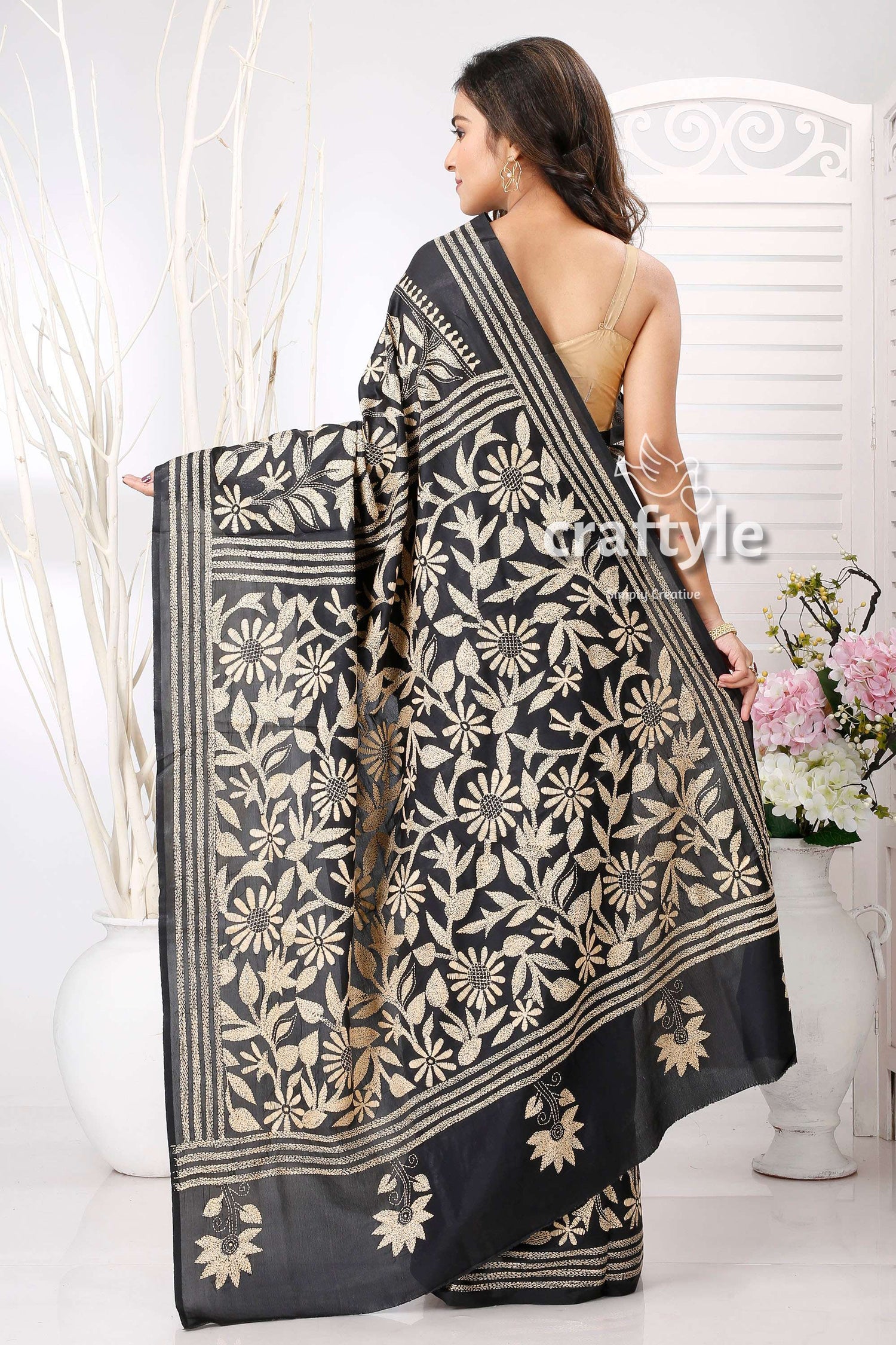 Onyx Black with Beige Thread Work Silk Kantha Saree - Craftyle