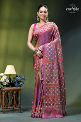 Opera mauve gujrati embroidery dual-tone elegant silk saree woman wears purple orange patterned 1