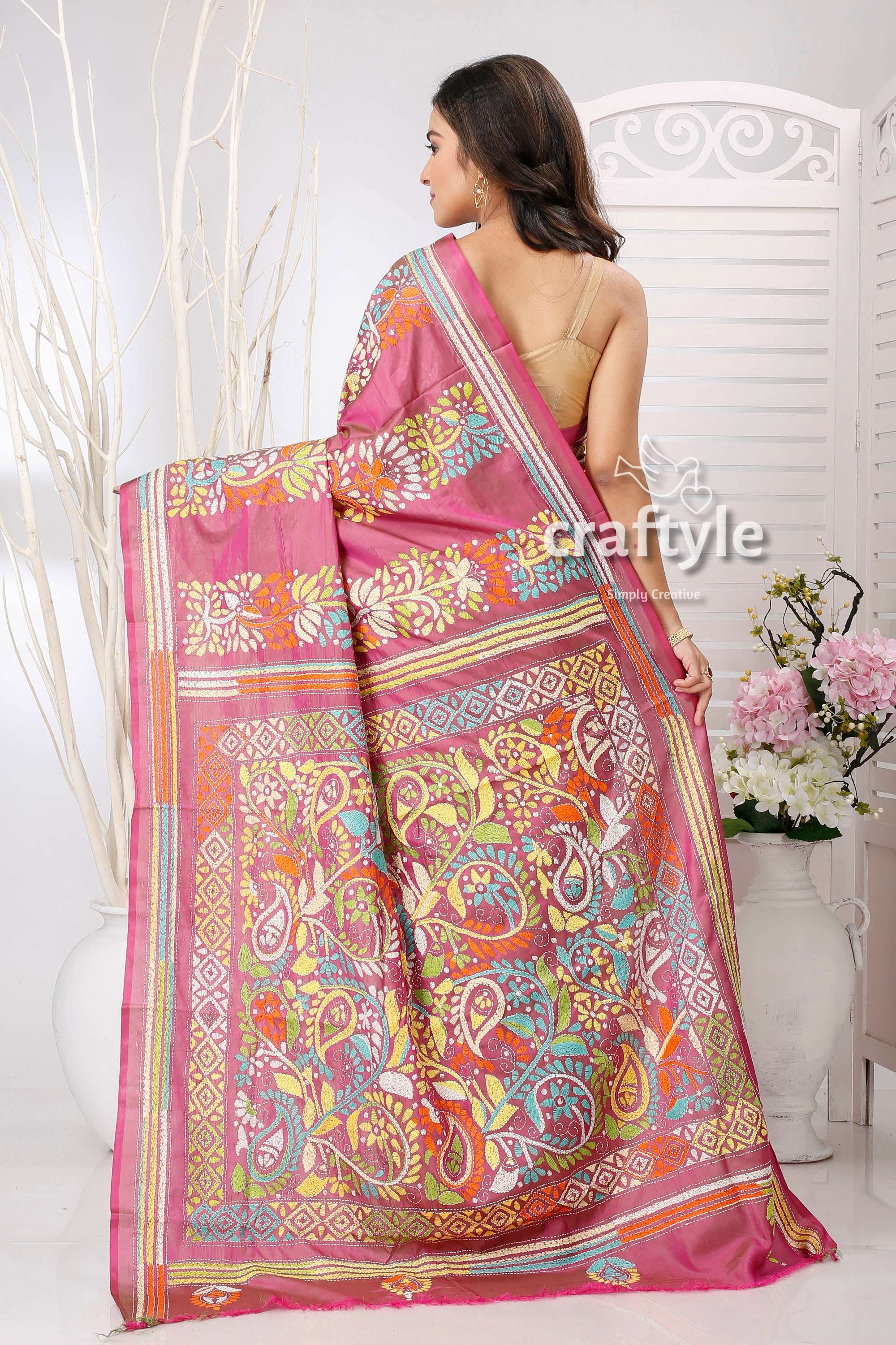 Opera Mauve Multicolor Thread Silk Kantha Stitch Saree - Craftyle