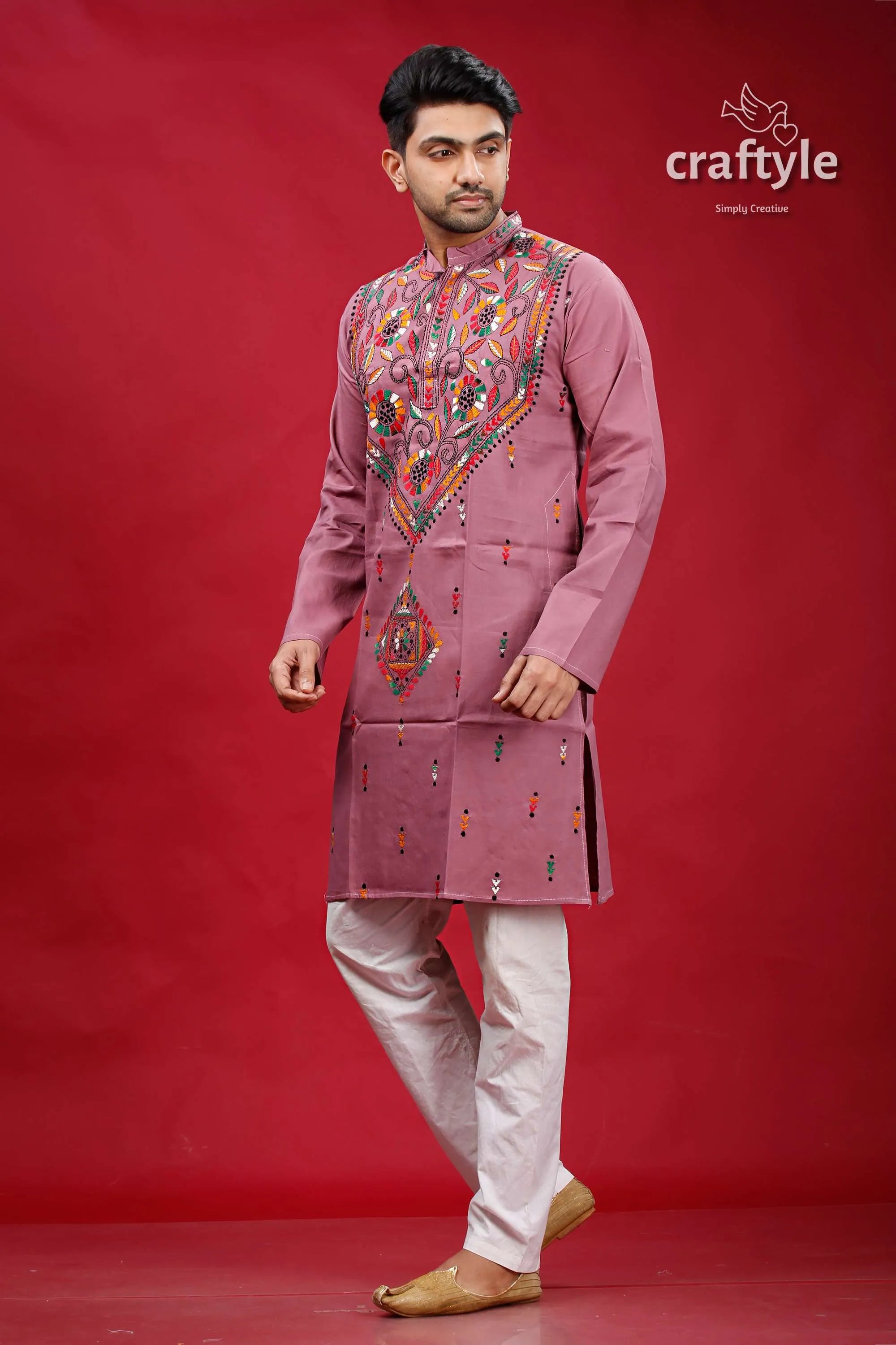 Opera mauve multithread kantha work mens cotton kurta mauve-colored embroidered intricate multicolored 4