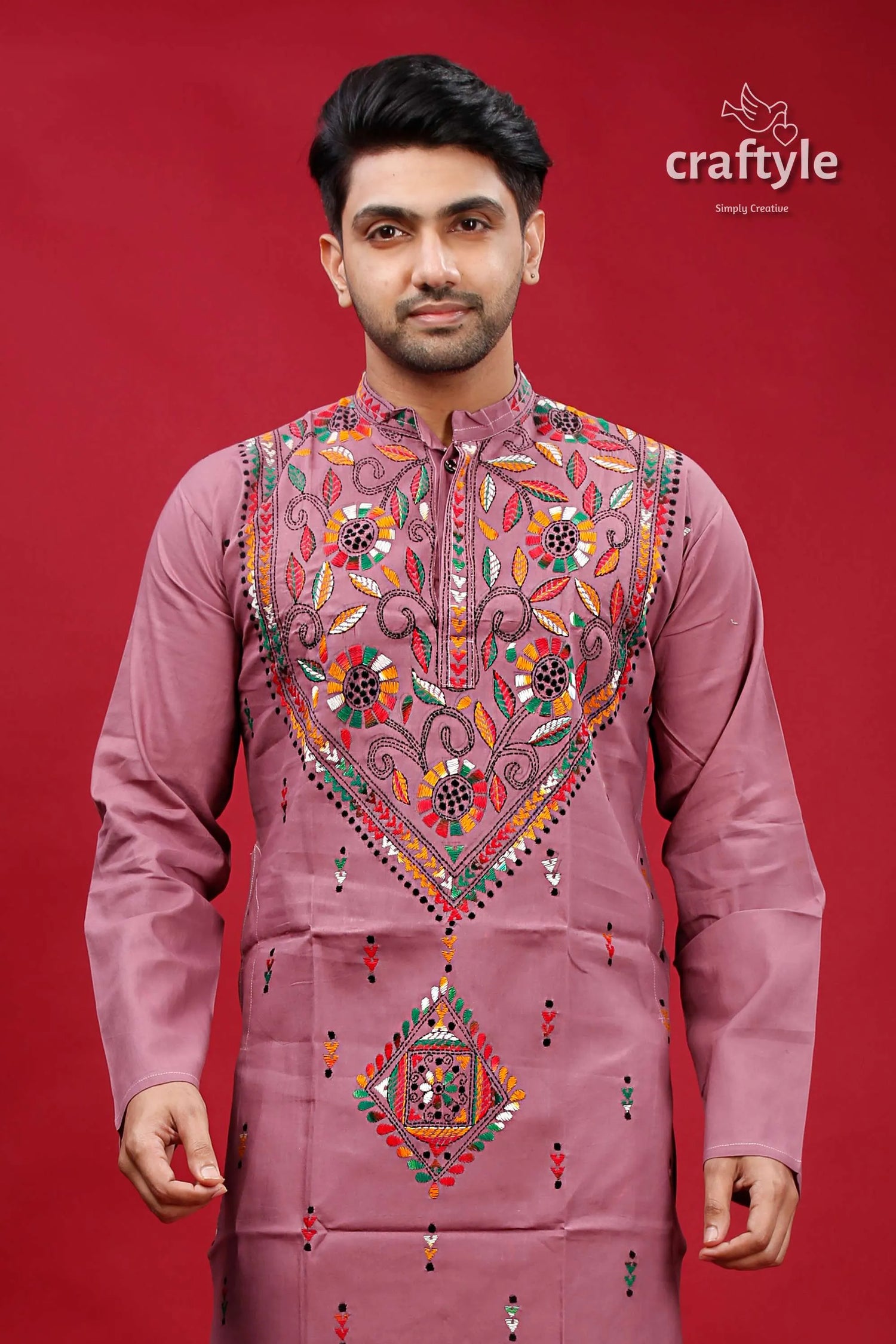 Opera mauve multithread kantha work mens cotton kurta mauve-colored men’s intricate colorful 2