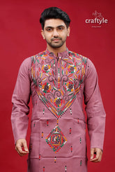 Opera mauve multithread kantha work mens cotton kurta mauve-colored men’s intricate colorful 2