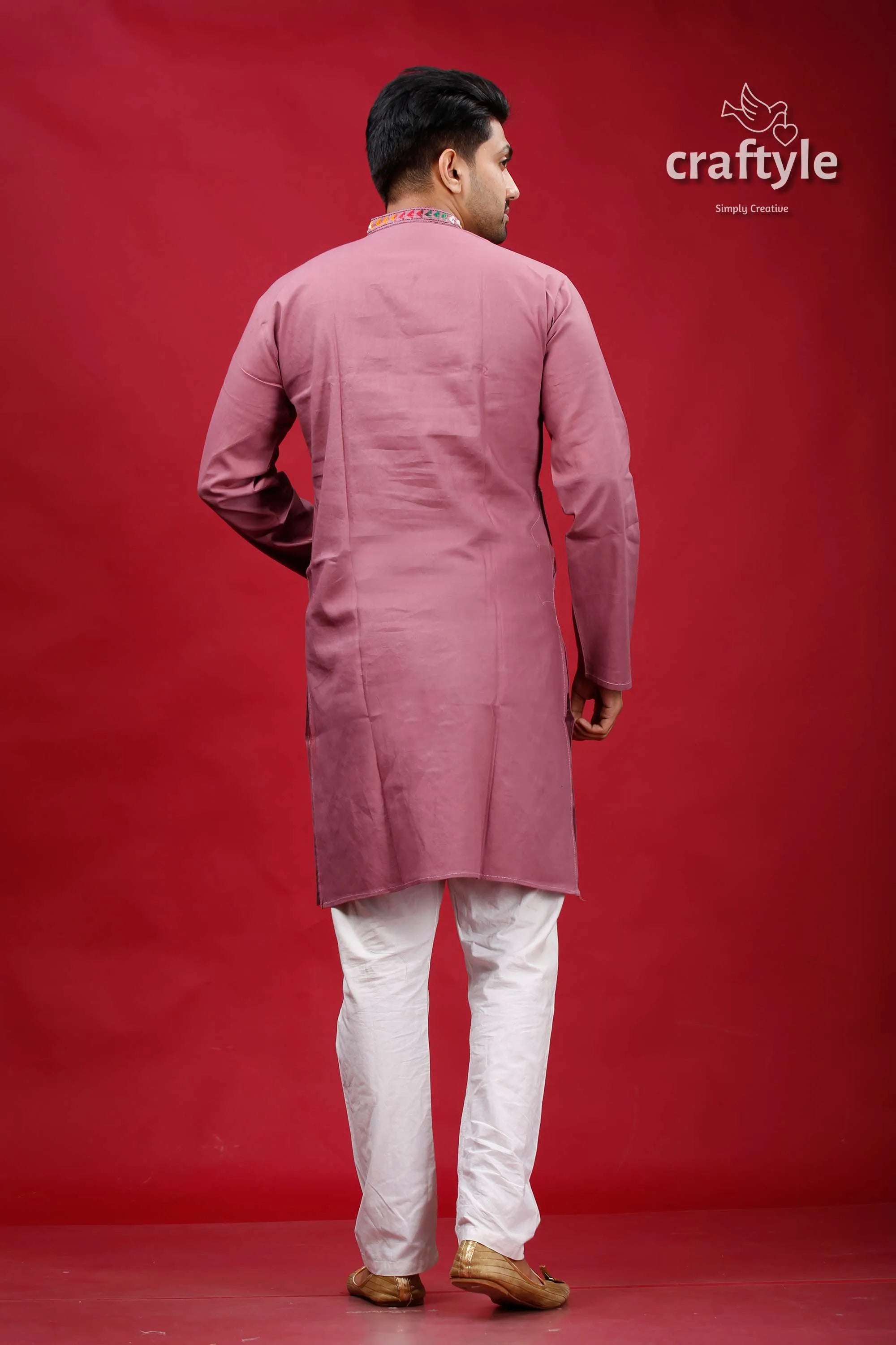 Opera mauve multithread kantha work mens cotton kurta mauve-colored long-sleeved subtle embroidered 5