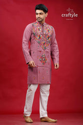 Opera mauve multithread kantha work mens cotton kurta mauve-colored embroidered intricate floral 3