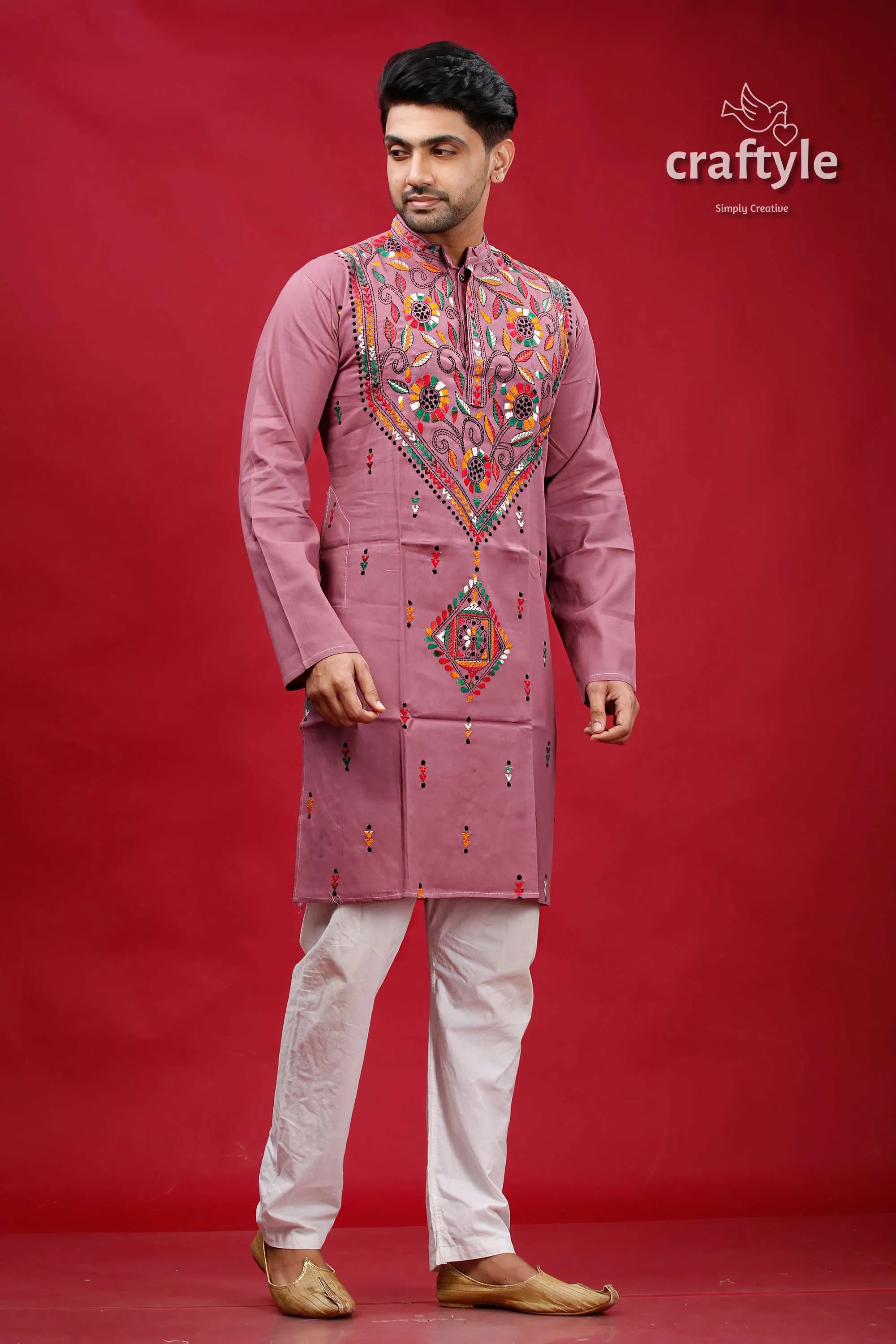 Opera mauve multithread kantha work mens cotton kurta mauve-colored embroidered intricate floral 3