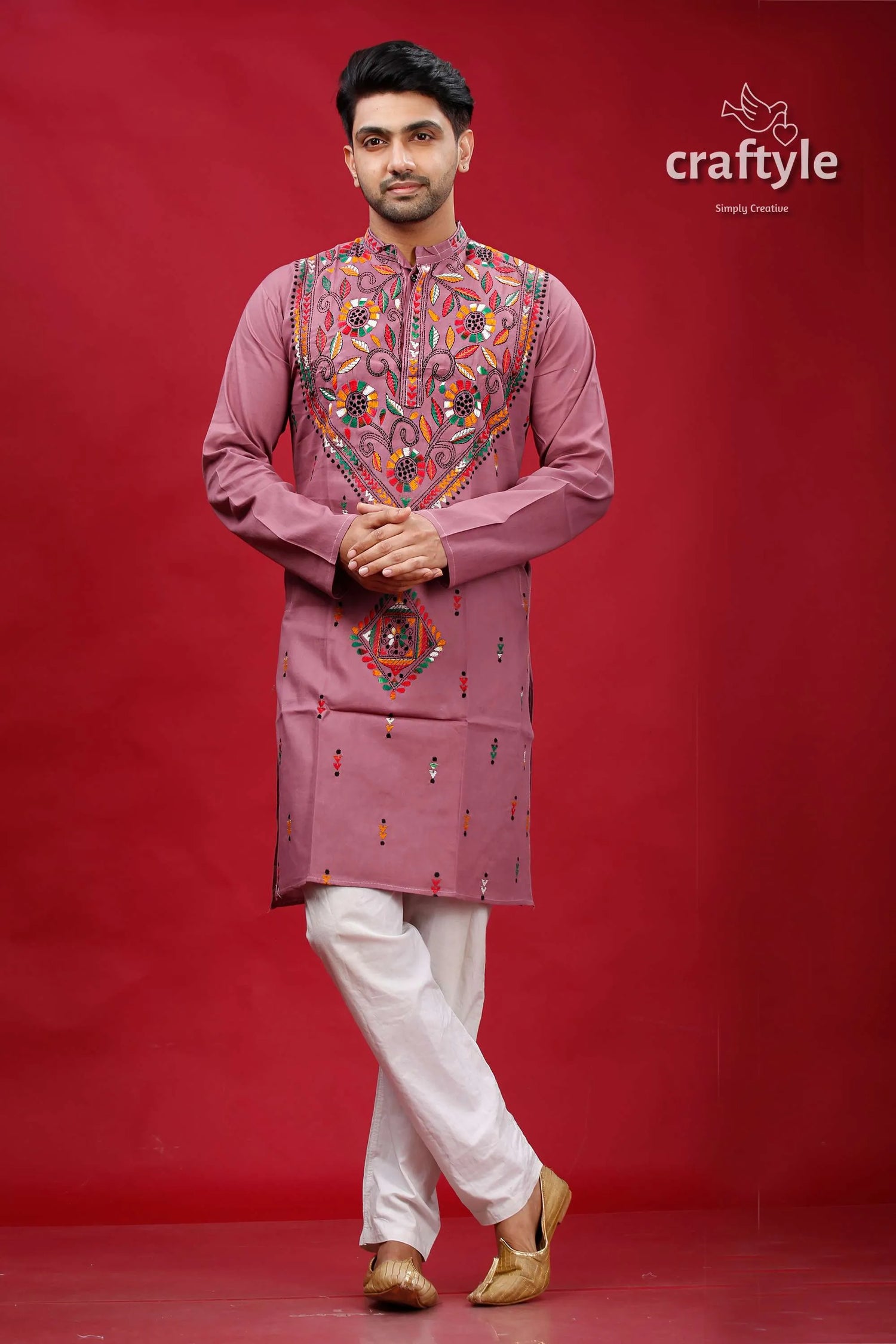 Opera mauve multithread kantha work mens cotton kurta mauve-colored intricate colorful embroidery 1