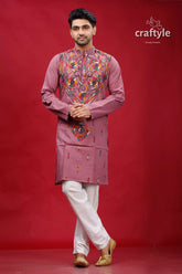 Opera mauve multithread kantha work mens cotton kurta mauve-colored intricate colorful embroidery 1