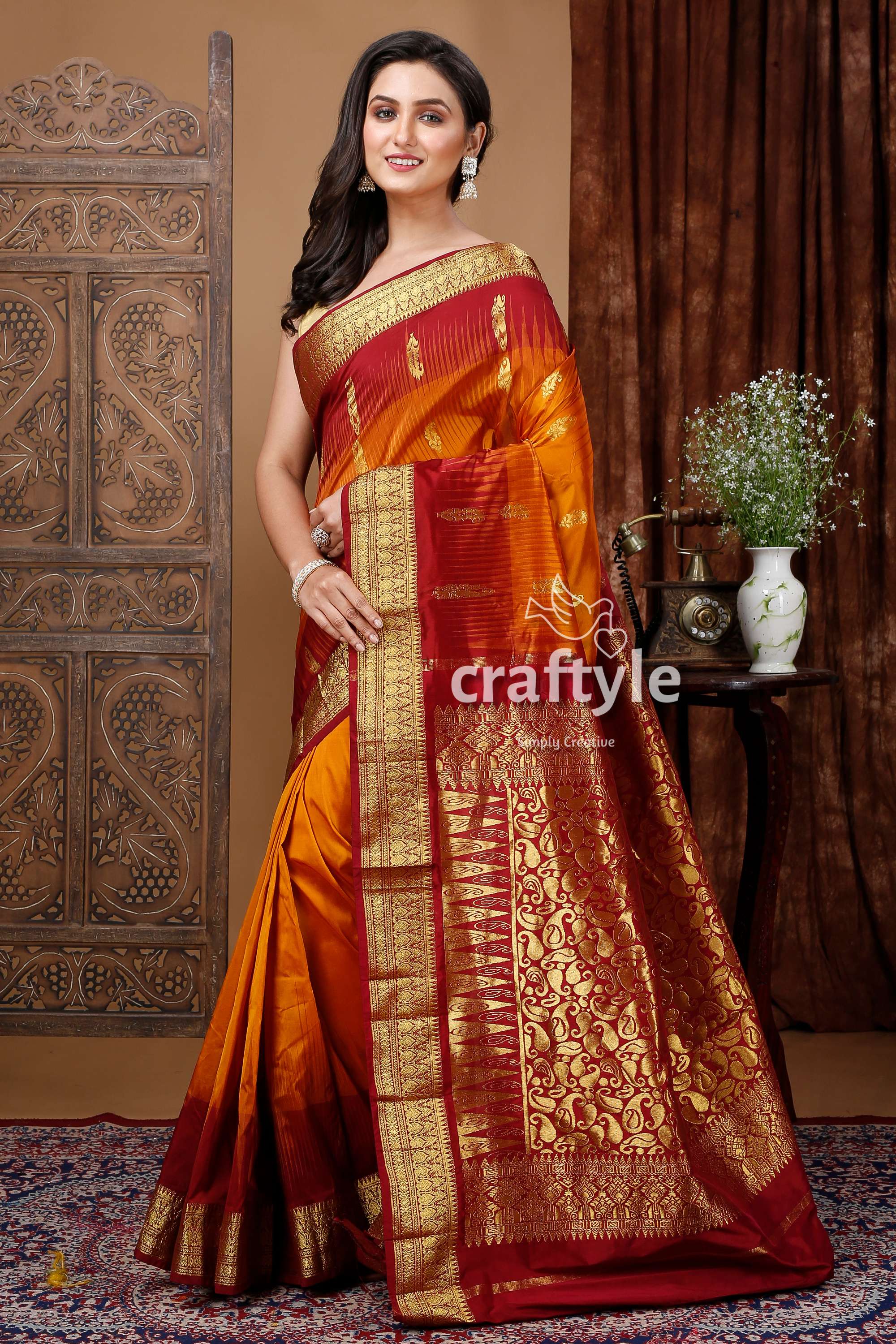 Orange Brown and Wine Red Kanjivaram Silk Saree - Craftyle