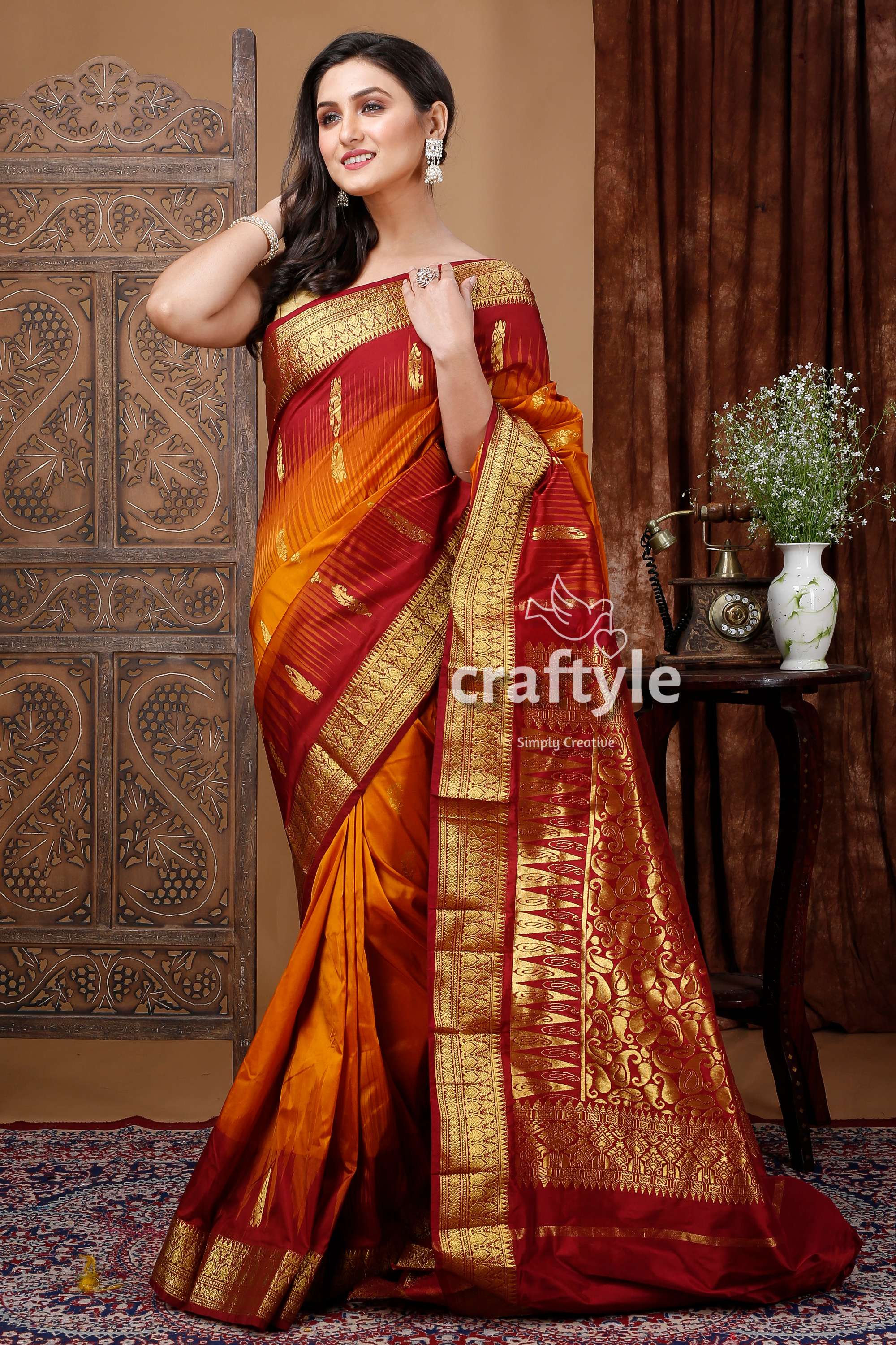 Orange Brown and Wine Red Kanjivaram Silk Saree - Craftyle